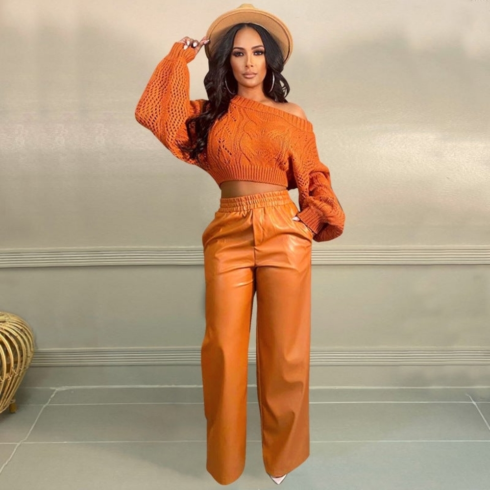 Faux leather wide leg trouser pants